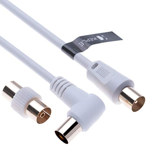 Keple TV Aerial Cable 3m, Coaxial Extension Lead with Male Connector and Female Adapter for TV Box, Coax Ariel Antenna, Satellite, Freeview, Freesat, DVB-T, IEC, PAL, RF In (White Angled)