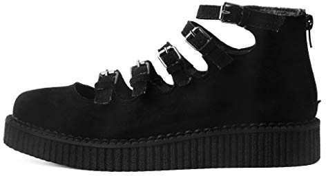 T.U.K. Shoes Black Faux Suede Multi-Strap Pointed Creeper Sneaker Flats Mary Janes for Women | US Women 8