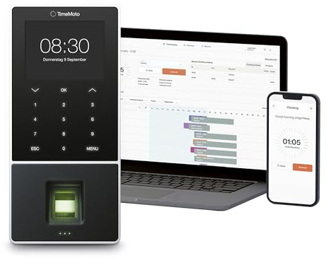TimeMoto TM—828 SC Cloud-Based Employee Time Clock with Fingerprint Sensor, Pairs with Contactless Access Cards, RFID Badge, PIN, 2,000 Users, Worked Hours Reporting, Wi-Fi, App for iOS/Android