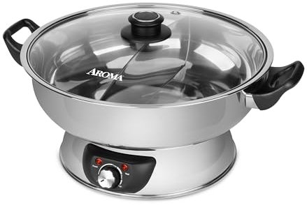 Aroma Housewares ASP-610 Dual-Sided Shabu Hot Pot, 5Qt, Stainless Steel Aroma Housewares 3 Uncooked/6 Cups Cooked Rice Cooker, Steamer, Multicooker, 2-6 cups, Black