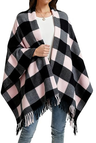 Rayson Poncho pour Femme Châle Elégant Ouvert Femme Chaud Épaissie Grand Taille Poncho Cape Tartan Style Poncho Cape avec Franges Poncho Manteau Cardigan Chaud Automne Hiver