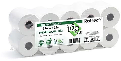 ROLTECH | 10 termopappersrullar | 57 mm x 25 m x 12 mm | BPA-fri | EC Cash | kassarullar | termopapper | kvittorullar | premiumkvalitet (10)