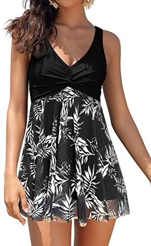 SHEKINI Femme Elégant Maillot de Bain Une Pièce avec Jupette Ruched Rembourré Fil Net Imprimé Contrôle Ventre Gainant Robe de Bain Grande Taille（XXL,Noir Y