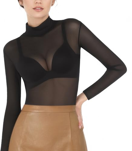 Mesh Top Femme, Sexy Festival Top Femme Transparent Filet Haut Transparent Tulle Haut Casual Manches Longues pour Clubwear Fête (FR/ES, Alpha/Lettres, TG, Taille Normale, Taille Normale, Noir)