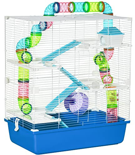 PawHut 5-stöckiger Hamsterkäfig mit Röhren, Käfig, Wassertank, Rampen, Schüssel, Plattformen und Rad, Nagetierkäfig mit 2 Stahlgriffen, PP und PS, 59x36x69 cm, blau und weiß