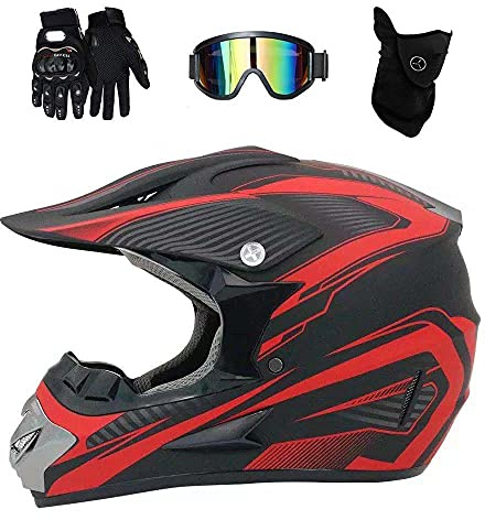 Gioventù Bambino Casco da Motocross, Unisex Integrale Fuori Strada Strada Corsa MTB Casco da Moto, Discesa Enduro ATV BMX Bici da Cross Incidente Casco, con Occhiali Guanti Maschera(Red,M/54-55CM)