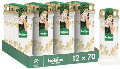 Bolsius - Luz para tumba – Blanco con motivo – 12 unidades – Corazón – Duración de combustión – Vela de luto y memorial velas – Quema limpia – Sin aceite de palma