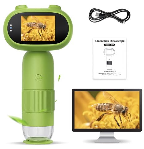 CALISTOUK Microscopio 1000X, Microscopio Portátil Digital con Aspecto de Rana y 8 LED Ajustables con Grabación de Fotos y Videos para Cumpleaños/Navidad-Buena Ayuda para Explorar la Naturaleza