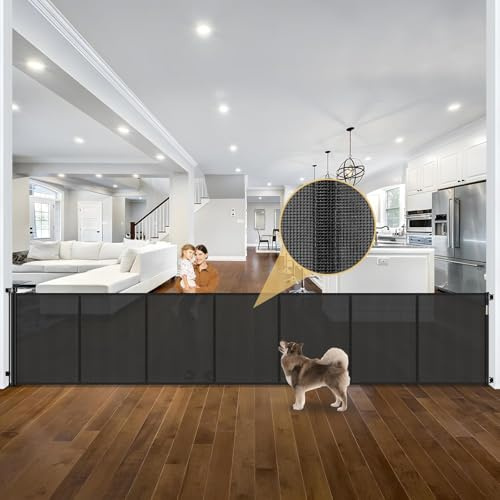 Reinforced 42 Tall x 195 Extra Long Baby Gates for Large Openings, Tall Retractable Baby Gates Extra Wide Dog Gate with Support Rods - Prevent Crawling Under, Indoor/Outdoor Retractable Fence, Black
