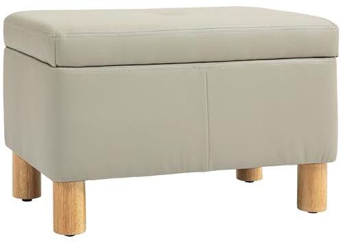 HOMCOM Baúl de Almacenaje para Dormitorio 33L Puff Almacenaje Tapizado en PU Banco de Almacenaje con Patas de Madera para Pasillo Salón 60x38x40 cm Gris Claro