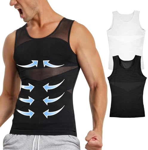 Ronronner 2pcs Shapewear Herren Bauchweg Shirt Herren Kompressionsshirt Tank Top Herren Sport Unterhemd Herren Body Shaper Herren, Bauchweg Herren, bauch weg herren - Schwarz und Weiß, Negro , L