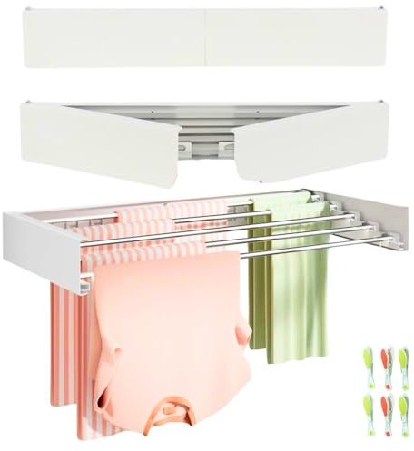 JANDTEK Tendedero Plegable de Pared 95cm – Tendedero Extensible y Retráctil para Interior y Exterior – Tendederos Plegables de Pared Soporta 30 kg – Incluye Plantilla, Tornillos y 24 Pinzas – Blanco