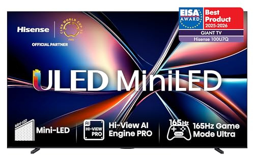 Hisense 100U7Q Fernseher 100 Zoll, 4K Mini LED ULED, Smart TV, Hi-View AI Engine Pro, 165Hz Game Mode Ultra, FreeSync Premium, Built in Subwoofer, Dolby Vision IQ Atmos, Airplay[2025]