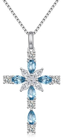 JiaYang Collier croix en argent sterling pour femme, 12 pierres de naissance couleur zircone cubique double croix pendentif foi Jésus chrétien Bijoux, Argent sterling