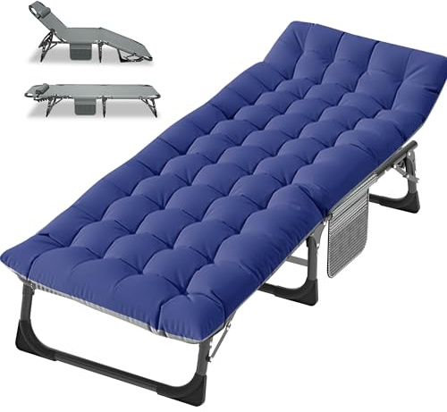 Folding Camp Bed for Adults 200KG Capacity Sun Lounger with Mattress & Side Pocket 5 Adjustable Backrest Steel Frame & Oxford Cloth Ideal for Garden & Travel