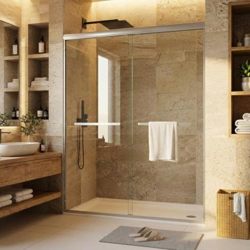 Sliding Shower Door, Aluminum Alloy Frame with 44-48 Adjustable Width x 72 Height, Features Double 6mm (1/4) Tempered Glass Panels, Brushed Nickel Square Track, Space-Saving Bypass Design