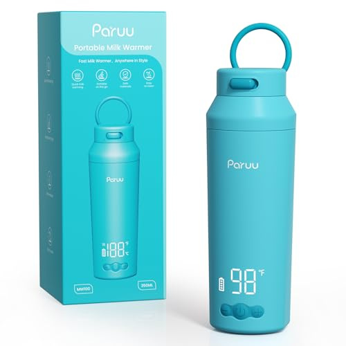 Paruu Chauffe Biberon Portable pour Nomade sans Fil, Chauffage Rapide en 2 minutes, Gros bec Facile à Nettoyer, 7 Niveaux de Température, Charge Rapide 30 W, Capacité 350 ml, Bleu