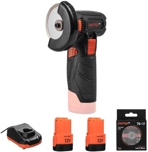 Amoladora Angular Inalámbrica CG-12BC Ultra 12V Brushless - Mini Radial Compacta 76 mm 18.500 rpm - 2 Baterías 2Ah, Cargador y 5 Discos de Corte para Metal, Piedra, Cerámica y Porcelana - Por Dnipro-M