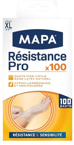 MAPA Gants de ménage professionnels en vinyle - Boîte de 100 gants fins sans latex - Résistance Pro taille XL - Hypoallergéniques et non-poudrés - Lot de 2