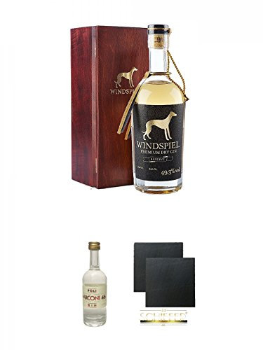 Windspiel Premium Dry Gin RESERVE 0,5 Liter 49,3% in Holzkiste + Poli Marconi 46 Gin 0,05 Liter Mini + Schiefer Glasuntersetzer eckig ca. 9,5 cm Ø 2 Stück