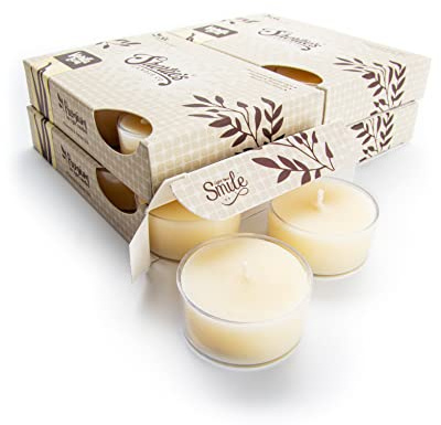 Candele tealight al fagiolo di vaniglia (24 lumini beige altamente profumati) – Realizzato con oli naturali – Bicchiere trasparente per una bella candela – Bakery & Food Collection