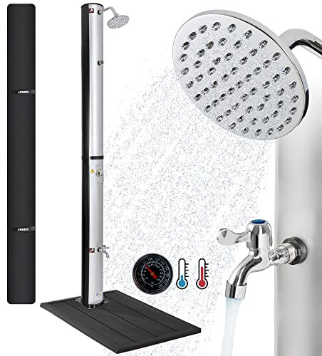 AREBOS Douche Solaire 37L & élément de Sol | avec thermomètre intégré & Douche de Pied | INCL. Capot de Protection | Température de l'eau jusqu'à 60°C | Pommeau de Douche Rond
