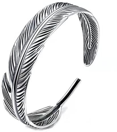 Armband Aus Sterlingsilber Silber Armreif Vintage Distressed Feder Breit Ethnische Manschette Armreif Verstellbare Offene Paare Amulett Armband Für Männer Frauen Ewigkeit Schmuck Weih