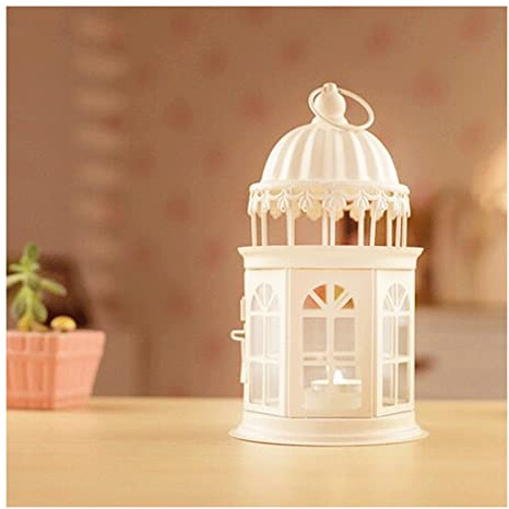 DSKYLODY Decorative Candle Lantern Vintage Hanging Lantern Metal Candle Holder Outdoor Candle Lanterns Glass Windlight for Indoor Outdoor Garden (White) (Color : White)