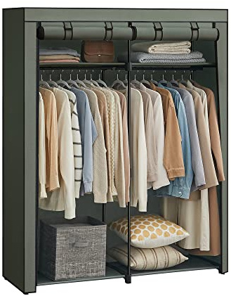 SONGMICS Armoire Chambre, Penderie avec 2 Tringles, Porte-vêtements, Housse en Tissu, Porte-Manteau, Pliable, pour Dressing, Chambre, 43 x 140 x 174 cm, Vert Olive RYG002C02