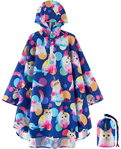 WAWSAM Waterproof Kid Raincoat Girls Rain Poncho Reusable Hooded Rain Jacket with Button for Toddlers Lightweight Girls Rain Jacket Outwear Cute Rain Poncho with Kitten Pattern, Cat Blue, 11-15 Years