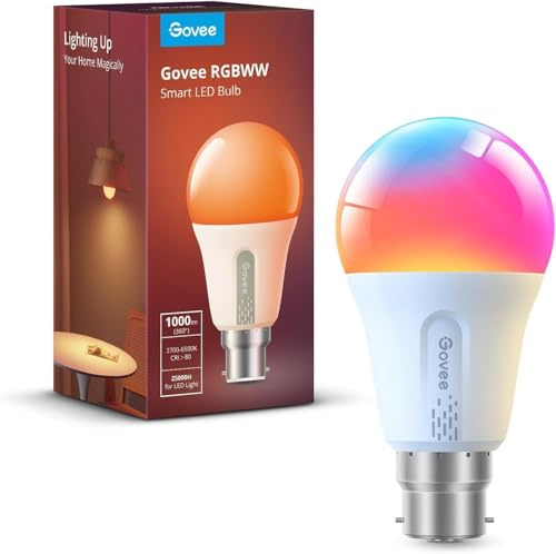 Govee Smart Bulb RGBWW, 1000lm Wi-Fi LED Bulbs B22, Smart Light Dimmable, DIY 16 Million Color, 64 Dynamic Scenes, Compatible with Alexa, Google Assistant, Matter, 1 Pack