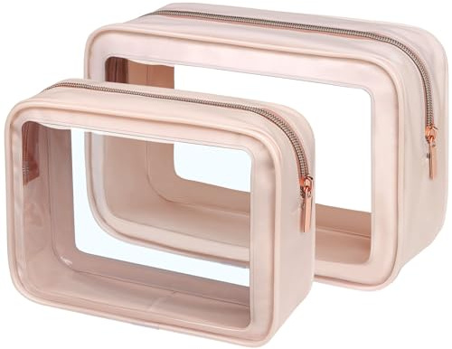 PACKISM 2 Pack Clear Makeup Bag Set (1 Large 1 Medium) - Foldable TSA Approved Toiletry Bag for Carry-on & Checked Luggage, Water Resistant Car Storage Organizer, Pink