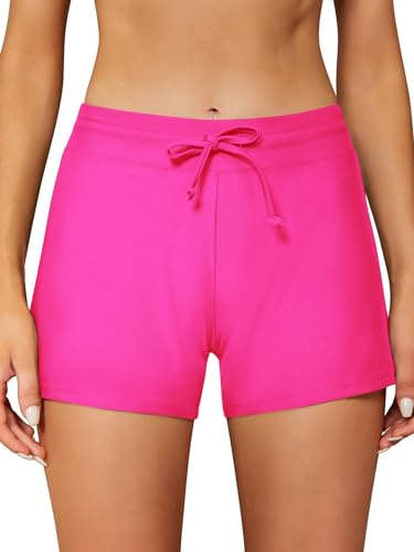SHEKINI Women's Swimming Board Shorts Mid-High Waisted Swim Bottoms Drawstring Waist Boyleg Swimwear Liner Briefs, Fluorescent Pink, Medium