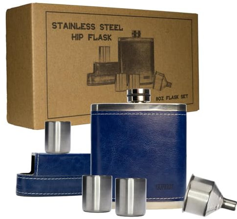 GUFRRST 8oz Flachmann mit 3 Weingläsern, auslaufsicherer Flachmann, als Geschenk verpackt, mit Trichter (blau)