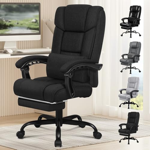 ELFORDSON Executive Office Chair with Adjustable Lumbar Support, Computer Desk Chairs with Armrest Footrest, High Back 150° Recliner Tilting 360° Swivel, Loads 180KG, Fabric, Black