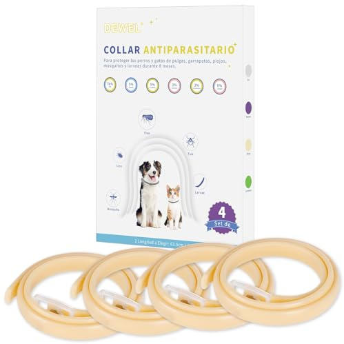 DEWEL Collares Antiparasitarios, Set de 4 Collar contra Pulgas y Garrapatas para Perros y Gatos, Collares Antipulgas 24-32 Meses de Protección(Beige, L 63.5 cm)