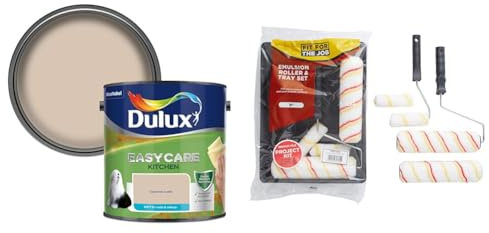 Dulux 500000 Easycare Kitchen Matt Emulsion Paint For Walls And Ceilings - Caramel Latte 2.5L & Fit For The Job 7 piece Emulsion Paint Roller Set, 2x 9 inch & 2x Mini Paint Rollers