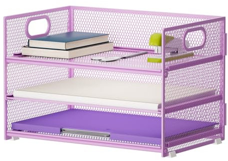 Marbrasse Skrivbordsorganisatör,3-däckad Pappersbricka för Brevpapper med Handtag,Skrivbordsorganisatör i nät för A4-filer,Kontorsmaterial för Hemmet(Lila)