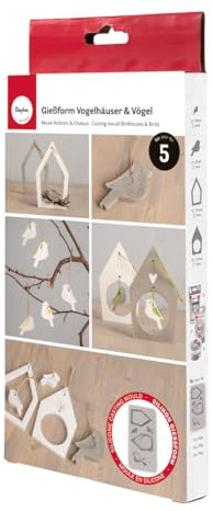 Rayher Silikon Gießform Vogelhäuser + Vögel, Form 5 Einzelmotive, Formgröße 14,5 x 26 x 1,2 cm, Anhänger Ostern, Ausgießen mit Kreativ-Beton, Schmuck-Beton, Raysin-Gießpulver, Wachs, 36172000