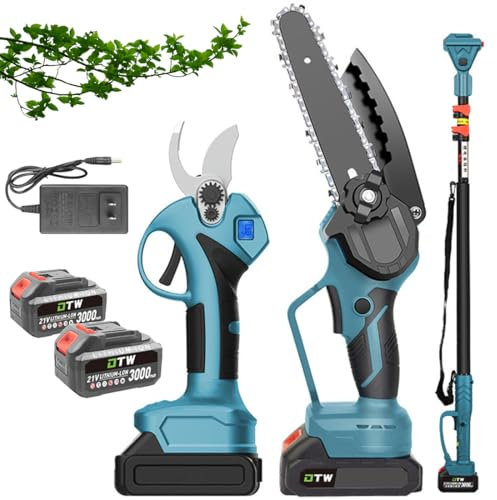 6In Mini Motosierra eléctrica sin Cable y Tijeras de jardín, Kit de podadora eléctrica con 2 3000Mah batería, Poste de extensión, diámetro de Corte 15Cm, Herramientas de jardín para jardinería