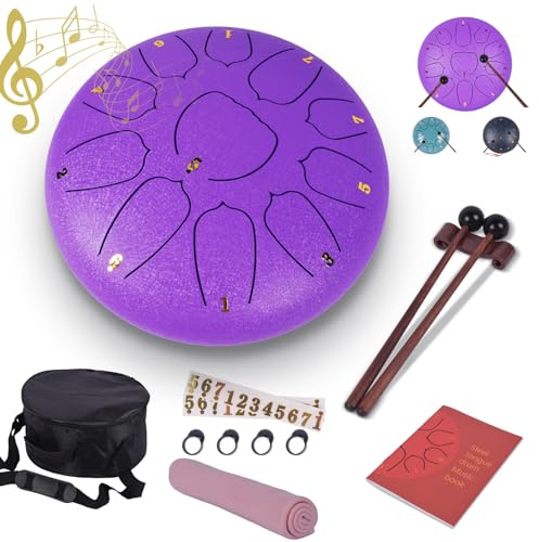 Heyfriday Steel Tongue Drum - 10 Inches 11 Notes Rain Drum - Metal Hand Pan Drum for Adults/Kids with Music Book, Handpan Mallets and Carry Bag, C Major Musical Instruments(Lavender Purple)
