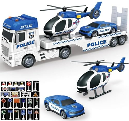 Mostop Police Truck Toy 25.6 Large Semi Truck with Racing Car and Helicopter, Kids Police Car Toys with Light & Sound, 28PCS Traffic Signs,Cars Toys Birthday Gift for Boys Girls Age 3 4 5 6 7 8