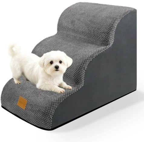 necvha Dog Steps for Bed, Premium 3-Step Dog Stairs, Non-Slip Pet Steps Ladder for Sofa, High Density Foam Pet Ramp with Removable Washable Plush Cover, 40x57x40cm, Grey