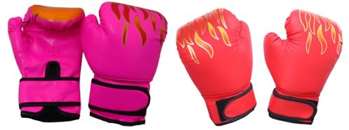 Lot de 2 paires de gants de boxe pour enfants - Pour fitness, Muay Thai - Sac lourd - Rose et rouge - 15 x 23 cm