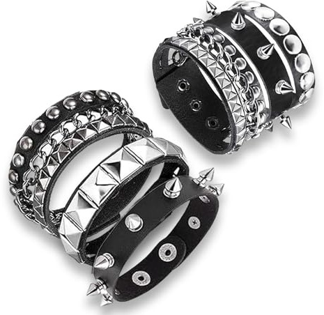fKiZanthene Lot de Six Bracelets Gothiques, Bracelets à Clous en Cuir PU avec Chaîne Ondulée, Bijoux Fantaisie pour Adolescents et Jeunes Adultes – Pour Concerts et Fêtes à Thème