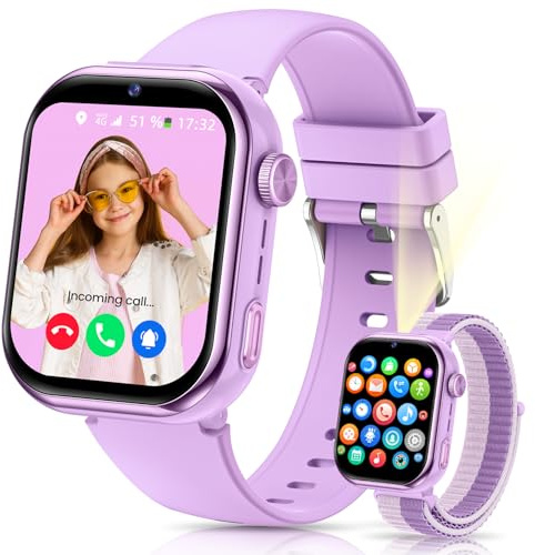 4G Reloj Inteligente Niña, IP68 Impermeable Smartwatch Niñas con GPS y Llamadas, Doble Cámara, Videollamada, Chat de Voz, SOS, Modo Escuela, Linterna, Podómetro Reloj Inteligente Niñas y Niños Púrpura