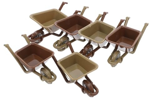GARIOUANS Lot de 6 Mini Brouettes Décoratives en Plastique, Modèles de Brouette Miniature pour Maison de Poupée, 3 Vertes et 3 Marron, Accessoires de Jardin Miniatures pour Décoration