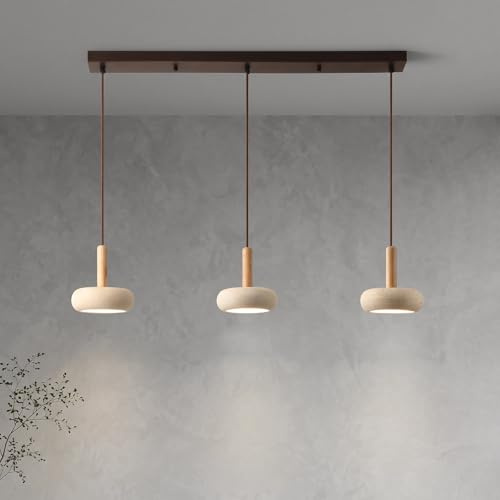Lampadario Sospensione LED 3 Teste Stile Giapponese Wabi sabi Travertino Giallo Altezza Regolabile Lampadari Sospensione in Legno Lampadario Moderno per Soggiorno Cucina sala da pranzo Asta in Legno