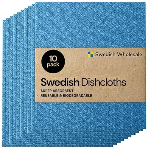 Swedish Wholesale Dishcloths Reusable 8 x 7 Sponge Cloths, Bulk 10 Pack of High Absorbent Cellulose Dish & Kitchen Cleaning Hand Towels, Wring to Dry & Machine Wash, Odor Resistant, Blue