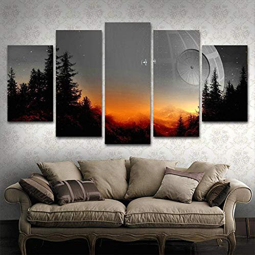 Impression sur Toile Image 5 Pieces Tableaux 150x80 cm,Star Wars Arbre Etoile De La Mort Murals Absorption Acoustique Tableau Decoration